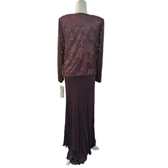 Adrianna Papell 3 Pc Set Silk Embellish Top Skirt Jacket Wedding Party Plum Sz10